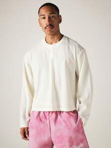 PLAYBOY X SUMWON Bunny Embroidered Waffle Knit Henley Long Sleeve Boxy Top With Button Placket Neckline - Beige - View 4
