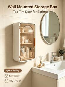 1pc No-Drill Wall-Mounted Cosmetic Storage Rack, Multifunctional Cosmetic Storage Box, Transparent Bathroom Accessory, Space-Saving Display Box - White - View 7
