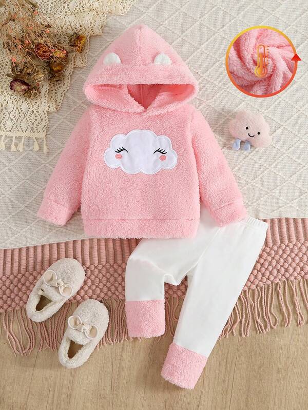 SHEIN 2pcs/Set Pink Hooded Sweatshirt + Faux Fur Trim Long Pants Set, Fashionable And Cute For Baby Girls
