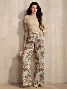 Anewsta Women's Button Pocket Jacquard Casual Straight Leg Pants Vintage - Apricot - View 2
