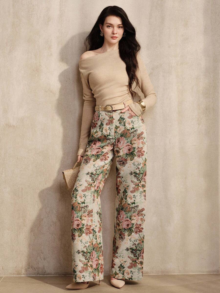Anewsta Women's Button Pocket Jacquard Casual Straight Leg Pants Vintage