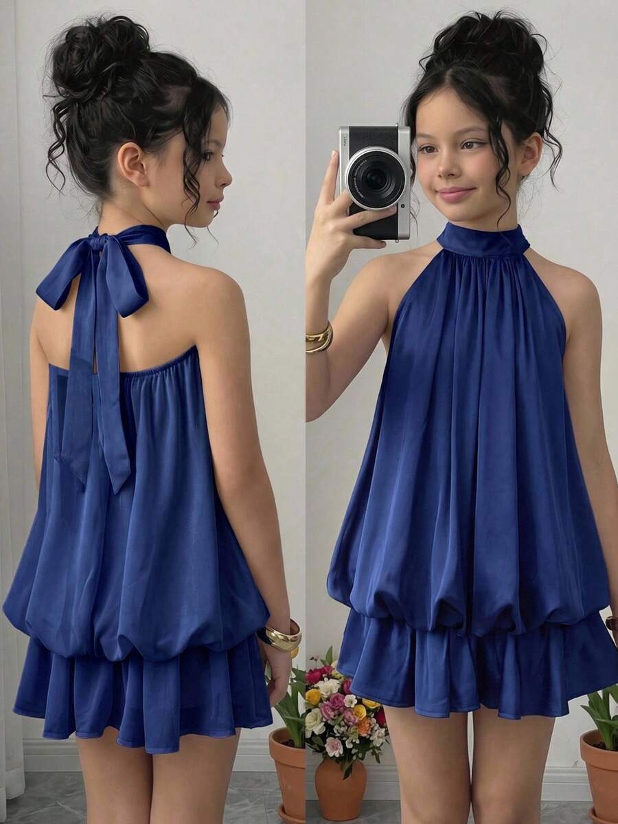 SHEIN Girlism Tween女孩皇家藍緞面優雅派對掛脖繫帶迷你洋裝,適合儀式、聚會 - 寶藍色 - 查看 1
