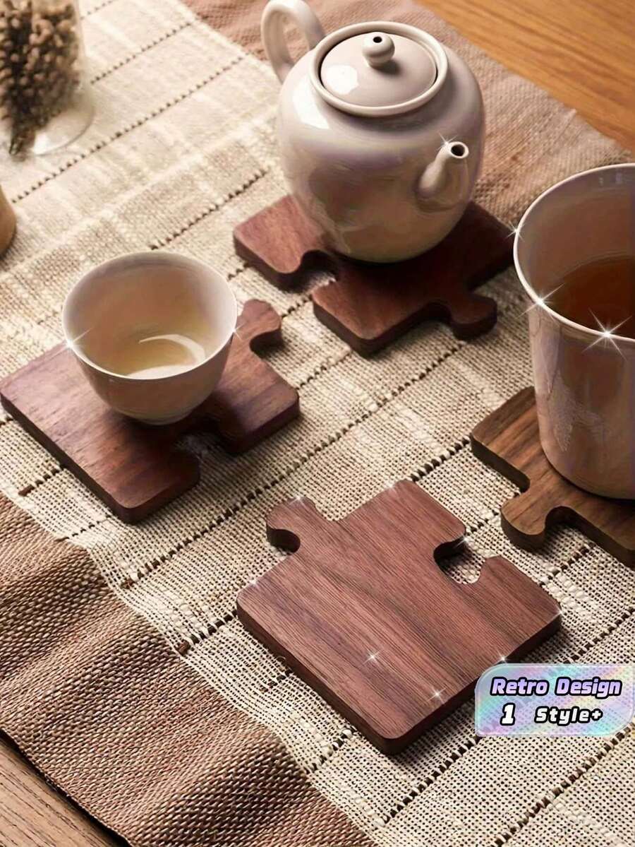 مجموعة 4 قطع من قواعد الأكواب الخشبية بتصميم لغز ريترو، مقاومة للحرارة، بقاعدة مسطحة وتصميم ثنائي الأبعاد، لديكور المكتب والبار والمنزل، هدية والهالوين والكريسماس - احمر خشبي - مشاهدة 1