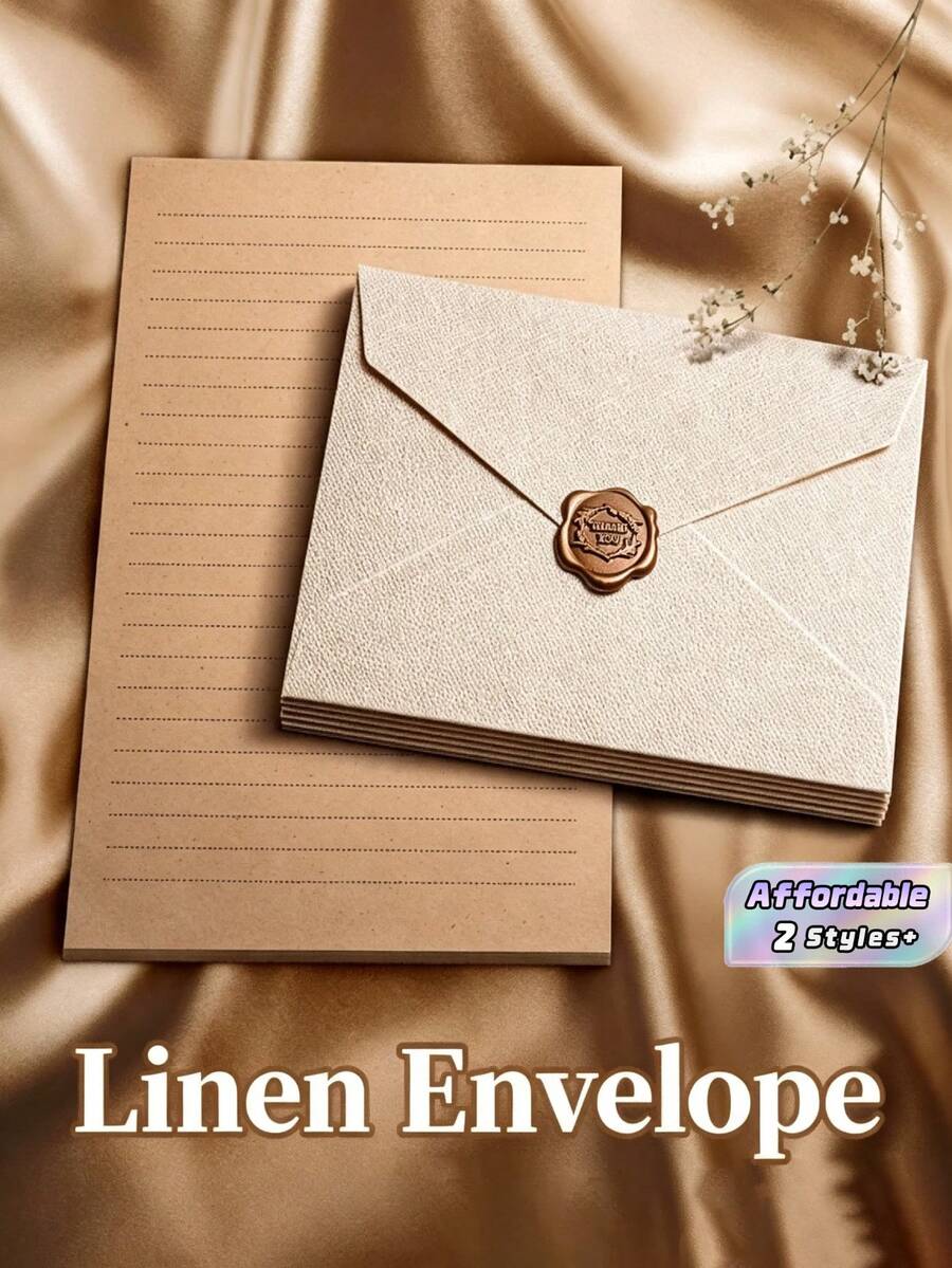 Retro Envelope Paper Set, Including Linen-Textured Envelopes, Writing Paper, And Thank-You Stamp Stickers. Suitable For Making Invitations, Greeting Cards, Love Letters, Letters, Mother's Day Gift Cards, And Stationery Items. - Apricot - View 1
