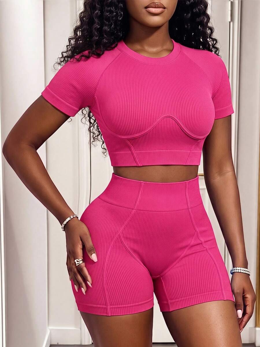 SHEIN Core Rhythm Women's Solid Color Short Sleeve Top And High Waist Shorts Casual Athleisure Athletic Daily Sports Set Gym Workout Fuchsia Pink Summer - Hot Pink - View 1