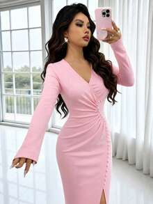 SHEIN Raffinéa Elegant Exquisite Sexy V-Neck Long Sleeve Fitted Dress With Side Slit Design Women's Long Dress - Pink - View 7