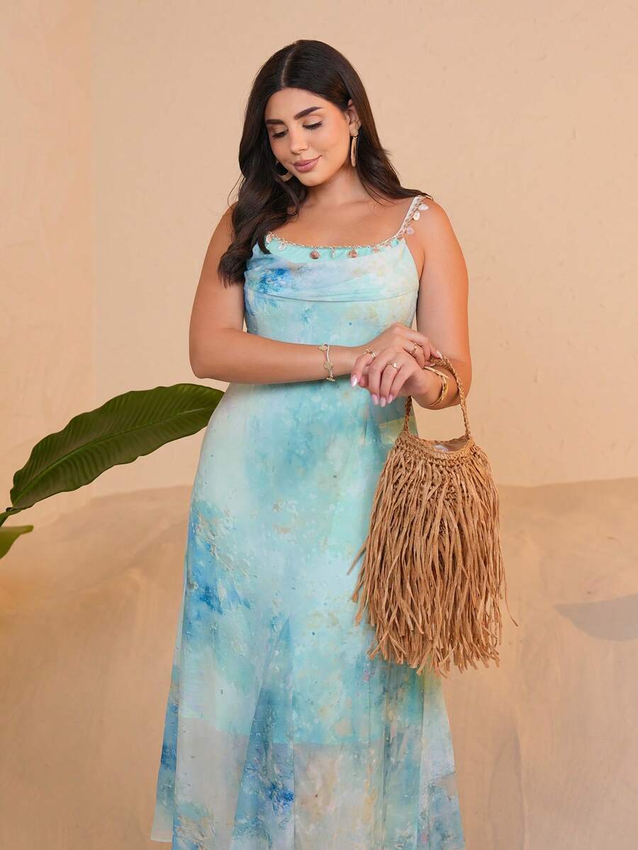 The Leen Edit Women's Waist Cinched Spaghetti Strap A-Line Dress,Elegant French Style Beach Sundress Party Summer - Green - View 1