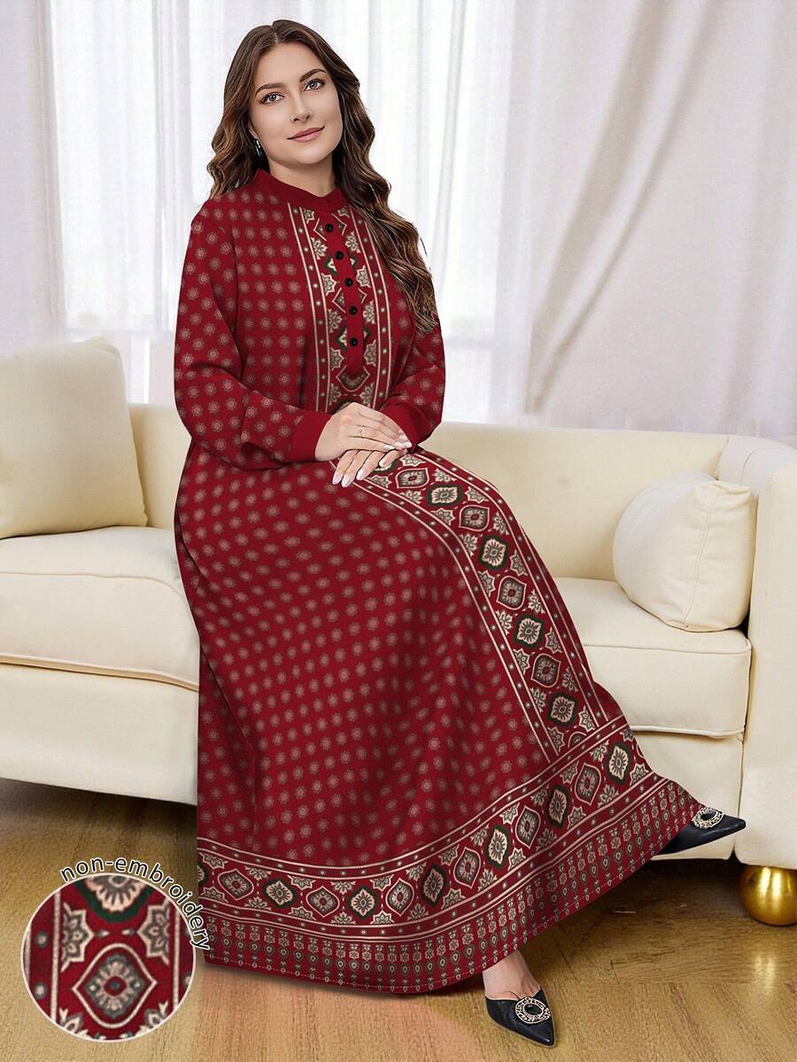 SHEIN Najma 大尺碼女款圖案橢圓印花鈕扣領長袖洋裝,端莊穆斯林風,適合開齋節、夏季度假,杜拜巴基斯坦土耳其式沙麗瓦長袍 - 彩色 - 查看 1