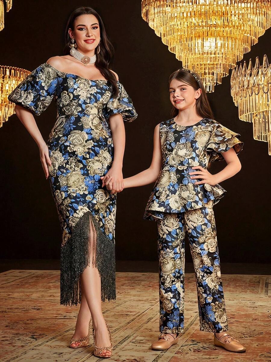 SHEIN Tween 女童可爱圆领提花连体裤,带不对称荷叶边下摆 - 藍色 - 查看 1