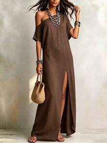 Glimmora Women's Solid Color Asymmetrical Neck Slit Design Casual Party Dress - Multicolor - View 3