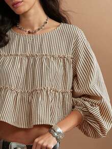 WESTFADE Striped Tiered Ruffle Long Sleeve Top, Fall, Winter, Autumn, Female Country Look, Cute Basic Top, Cowgirl, Rodeo, Back To School - Multicolor - View 2