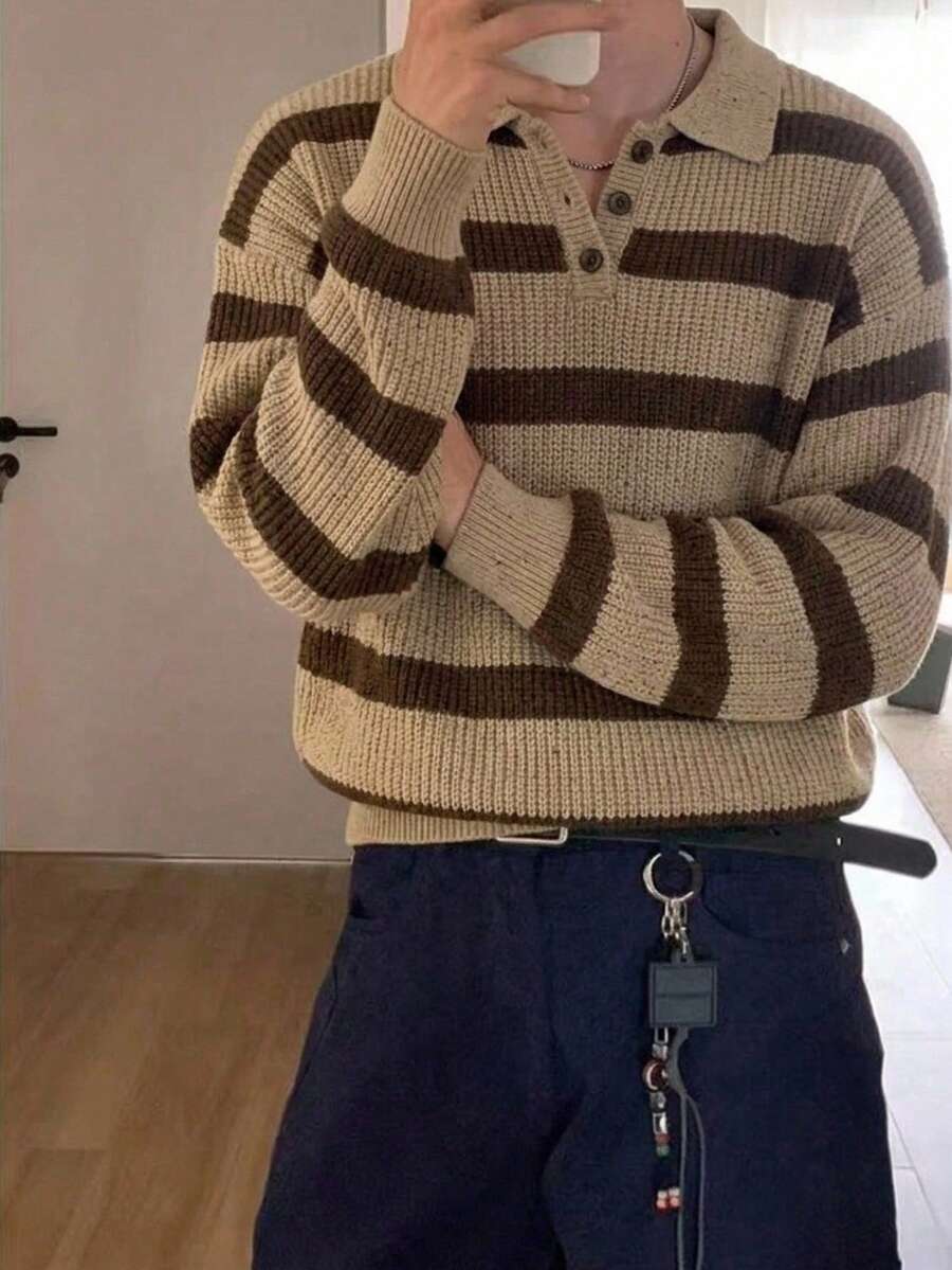 Claim Dot Men's Fashion Minimalist Striped Button Half-Placket Long Sleeve Sweater - Multicolor - View 1