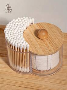 1PC Standard Size Bamboo Lid 2 In 1 Round Dual Hole Cotton Pad Holder And Floss Pick Container Organizer With Clear Body For Bathroom Vanity Countertop Cosmetic Sponge Storage Dispenser Dustproof Stackable Space Saving Home Essential - A - View 3