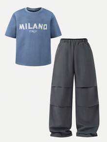 SHEIN Casuvi Kids Tween Boy Letter Print T-Shirt And Long Pants 2 Pieces Set - Multicolor - View 4