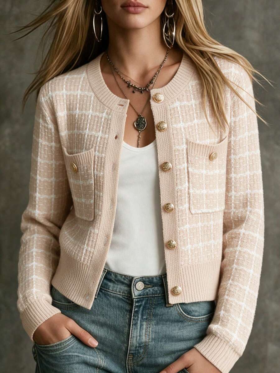 SHEIN 格子图案贴袋开衫、长袖上衣 - 米色 - 查看 1