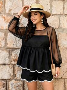 Trelyra Elegant Coquette Versatile Mesh Fabric 2 In 1 Long Sleeve Top And Pants Plus Size Women's 2 Pieces Set Dinner Birthday Black Autumn - Black - View 8