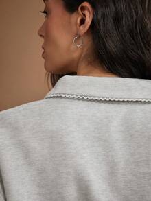 WESTFADE Collared Zipper Front Long Sleeve Eyelet & French Terry Sweatshirt, Casual, Fall, Winter, Autumn, Female Country Look, Cute Basic Top, Cowgirl, Lounge - Light Grey - View 6