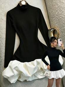 SHEIN Franclia French Fashion High Neck Long Sleeve Slim Fit Black Short Dress, Suitable For Date Night Out Party And Office Wear In Autumn/Winter Elegant Chic Dress - Black - View 3