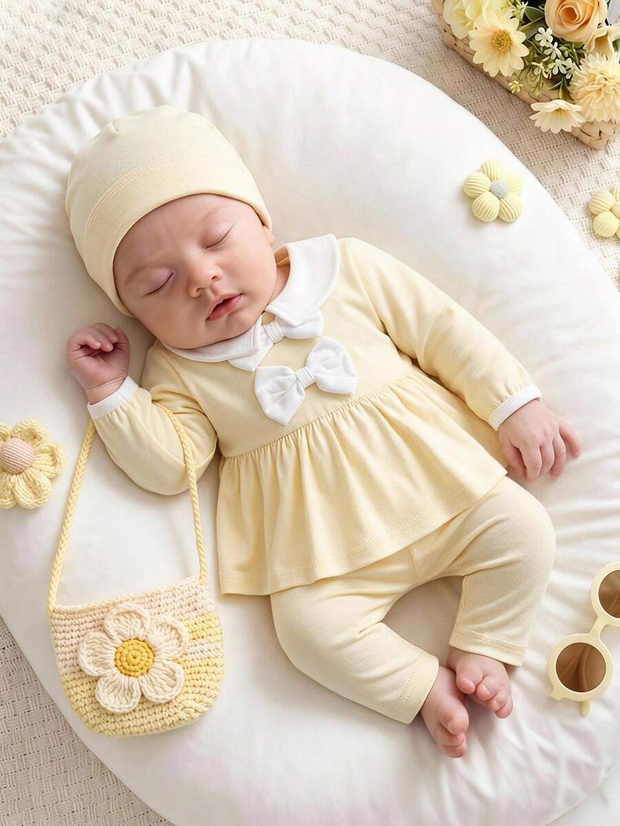 SHEIN Newborn Baby Girls Autumn Outfit Set, Long Sleeve Cute Collar Bow Top, Pants, Socks And Hat Fall Winter Photoshoot Newborn Photo Shoot Butter Yellow