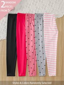 SHEIN 2件隨機發貨 秋冬女款簡約時尚甜美愛心條紋印花加厚保暖內裡長款打底褲 - 彩色 - 查看 2