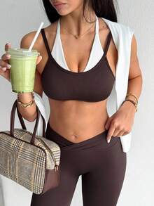 Dewbera Dewbera Women's 2 Pieces Bra And Solid Color Leggings Casual Sporty Athleisure Daily Sports Set Gym Dark Brown Autumn - Coffee Brown - View 5
