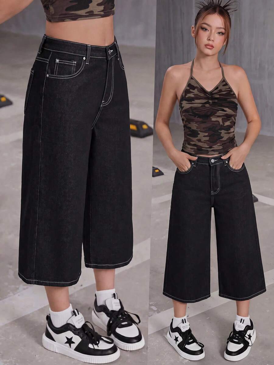SHEIN Teen Girl Y2K Loose Bermuda Denim Jeans, Fall Back To School , Spring Summer Fall - Black - View 1