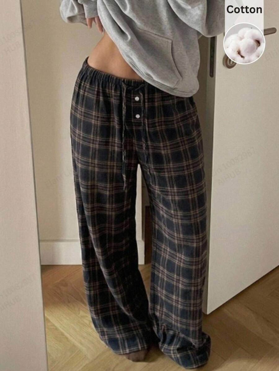 CovetEZ 女款彈性腰格紋休閒百搭日常穿著長褲 - 藏蓝色 - 查看 1