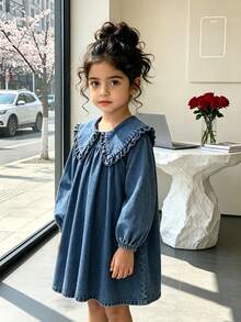 Autumn Girls' Denim Dress With Large Ruffle Collar, Puff Sleeves, Casual Versatile Children's Dress - Blue - View 3