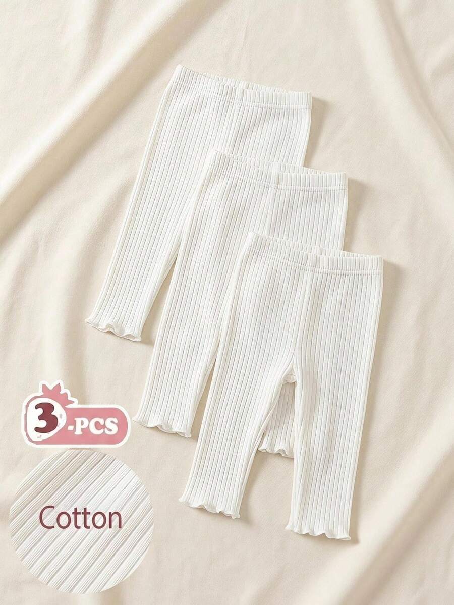 SHEIN Vintaside Kids 3pcs/Set Baby Girls' Leggings White Ribbed Pants Newborn Basic Casual Style Loose Straight Fit For Autumn Holiday Simple & Sweet Summer Wear - White - View 1