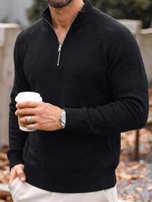 Claim Dot Old Money Men's Plus Size Solid Color Zip-Up Half-Placket Long Sleeve Casual Streetwear Sweater Formal Vacation Office Black Autumn - Black - View 3