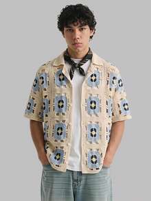 NORVETH Men's Crochet Hollow Out Short Sleeve Single-Breasted Knit Top - Blue - View 1