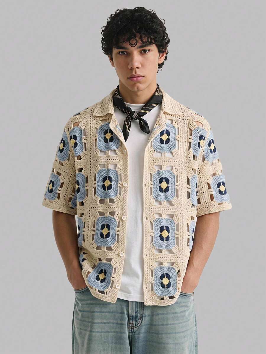 NORVETH Men's Crochet Hollow Out Short Sleeve Single-Breasted Knit Top - Blue - View 1