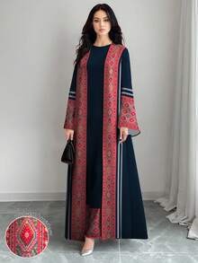 SHEIN Najma 女士复古图案条纹几何印花优雅圆领长款连衣裙配长款开衫，休闲两件套，春夏款 - 彩色 - 查看 1