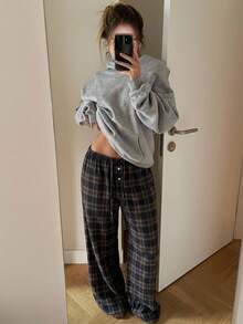 CovetEZ 女款彈性腰格紋休閒百搭日常穿著長褲 - 藏蓝色 - 查看 3