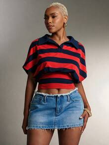 Denimoi Cinched Waist Collared Striped Polo Top Fashionable Tops Collared Top - Red - View 3