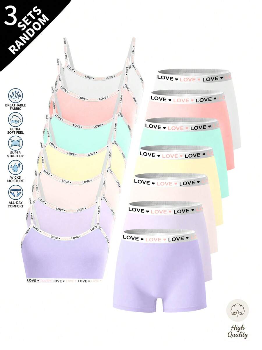 7 Sets Random 3 Pieces Tween Girls Simple Basic Solid Color Letter Contrast Camisole Top & Shorts Underwear Set - Multicolor - View 1