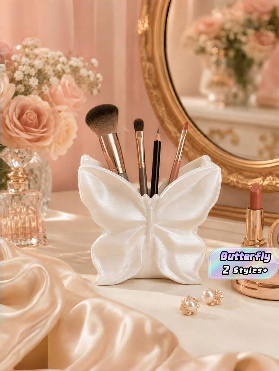 1PC Standard Size Compact Durable Lightweight Plastic 3D Printed Butterfly Cute Aesthetic Multi Functional Makeup Brush Holder Pen Cup Desk Organizer Storage Box Creative Vanity Office Home Workspace Decor Gift For Beauty Lovers - multicolor - View 1