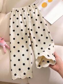 SHEIN Genkimix Kids 女童藍色波點寬腿牛仔褲，波浪下擺，寬鬆直筒版型，100%純棉丹寧，修身風格，休閒牛仔女郎西式日常上學夏季款 - 黑與白 - 查看 3