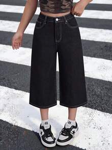 SHEIN Teen Girl Y2K Loose Bermuda Denim Jeans, Fall Back To School , Spring Summer Fall - Black - View 5