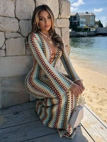 Breezaya 夏季泳裝新款女式時尚度假風優雅性感休閒多色紋理布料環飾C領喇叭長袖罩衫，適合夏季海灘度假、休閒、上班、鄉村、復活節、感恩節、母親節、派對、音樂節、萬聖節、聖誕節、泳池、郵輪、夜店、婚禮、週末 - 卡其色 - 查看 4