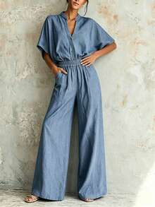 Breezaya Women's Summer Jumpsuit, July Festival, Outdoor Outfit Jumpsuit, Beach Vacation, Holiday Outfit, Blue Women's Jumpsuit, V-Neck Waist-Cinching Short Sleeve Blue Women's Jumpsuit, Casual Women's Jumpsuit, Vacation Outfit, Vacation Women's Jumpsuit, Party Women's Jumpsuit, Elegant Women's Jumpsuit, - Blue - View 5