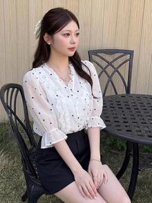 Bijouette 女款波點圖案喇叭袖荷葉邊時尚優雅襯衫，適合茶會、下午茶、夏季穿著 - 黑與白 - 查看 14