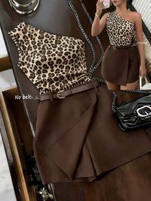 Franclia Sexy Slim Fit Leopard Print One Shoulder Tank Top & Wide Leg Casual Shorts 2pcs Set For Women, Commuter Travel Office Outfit - Brown - View 1