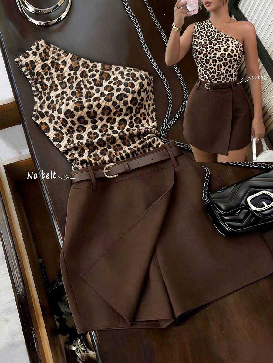 Franclia Sexy Slim Fit Leopard Print One Shoulder Tank Top & Wide Leg Casual Shorts 2pcs Set For Women, Commuter Travel Office Outfit - Brown - View 1