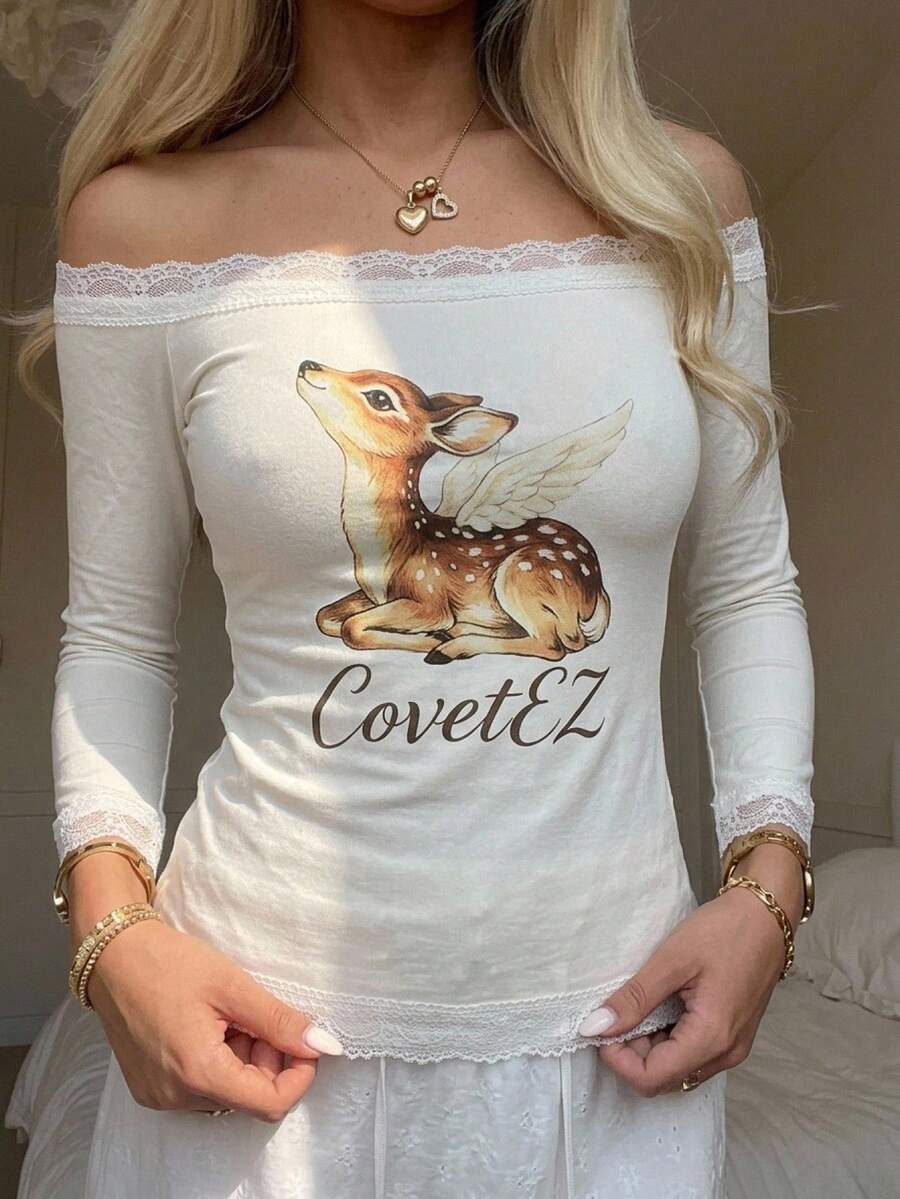 CovetEZ 女款蕾絲拼接字母卡通印花修身百搭T恤 日常居家棕色與白色波點秋季仙女風可愛款 - 杏色 - 查看 1
