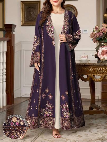 SHEIN Najma Plus Size Women Geometric Pattern Digital Print Casual Long Sleeve Cardigan, Suitable For Spring And Autumn Abayas