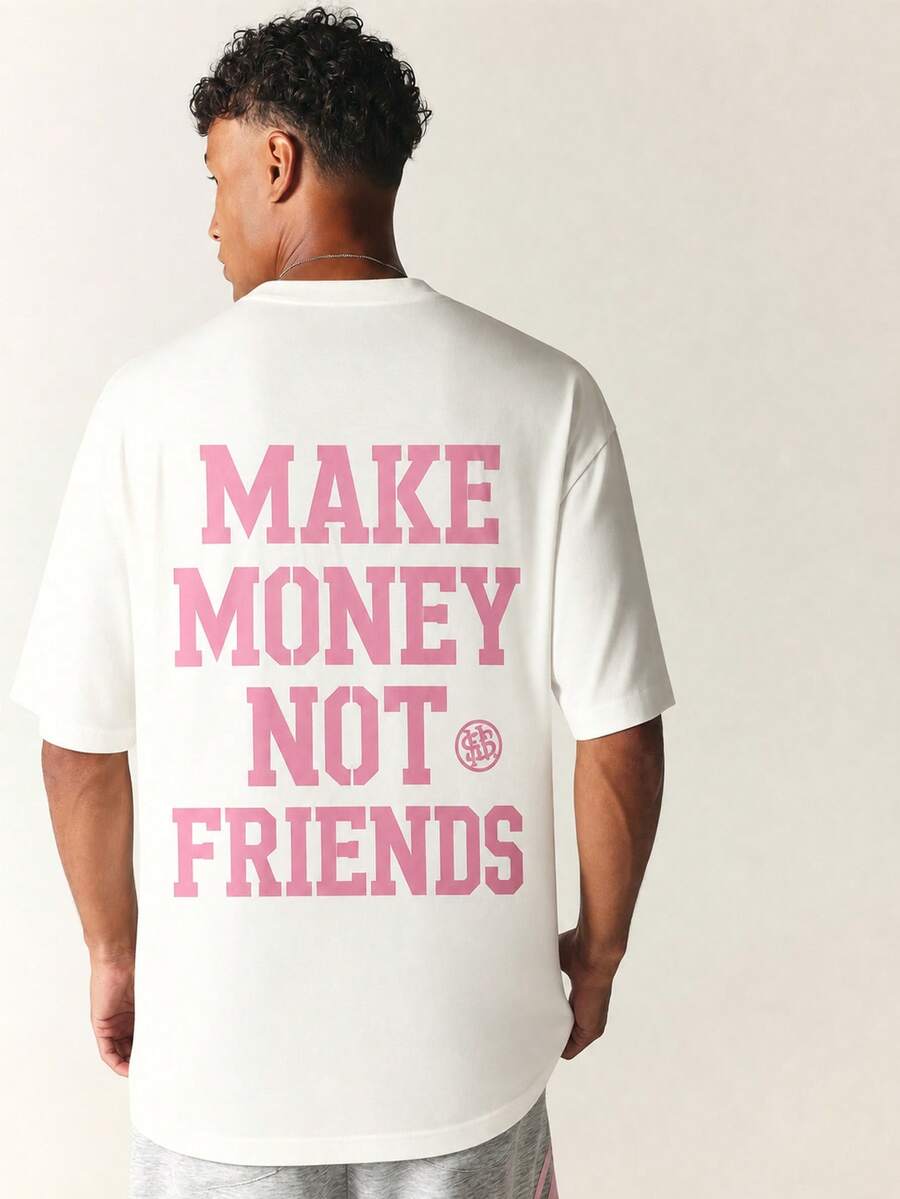 SUMWON Regular Oversized Crew Neck Short Sleeve T-Shirt With Make Money Not Friends Large Back Slogan Print And Chest Logo Detail - White - View 1
