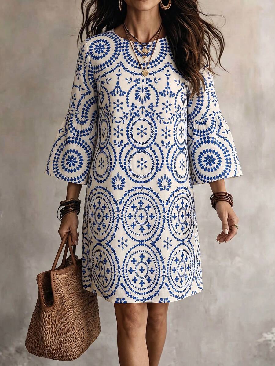 SHEIN Holidaya Women's Summer New Blue & White Geometric Pattern Round Neck A-Line Dress, Suitable For Vacation And Casual Daily Wear - White - View 1