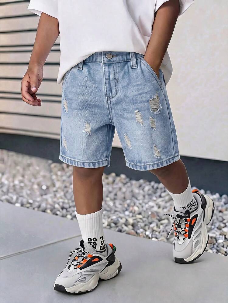 SHEIN Kids Boys' Retro Blue Denim Distressed Loose Fit Shorts - Light Wash - View 1