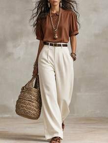 Franclia Women's Summer Brown And White 2 Pieces Set Front Button Short Sleeve Top,Seam Front Pants Elegant Office Work Outfit Business Casual Semi Formal - Multicolor - View 1